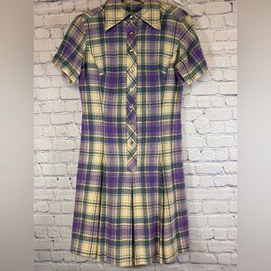 VINTAGE Country Miss 60s 70s Cream Purple Green Plaid Cottagecore Mini Dress 12
